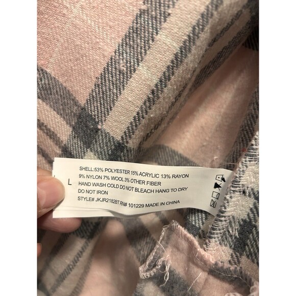 New Women's Size Large Pink Plaid Soft Button Up Oversized Jacket Hip Length - Picture 5 of 6